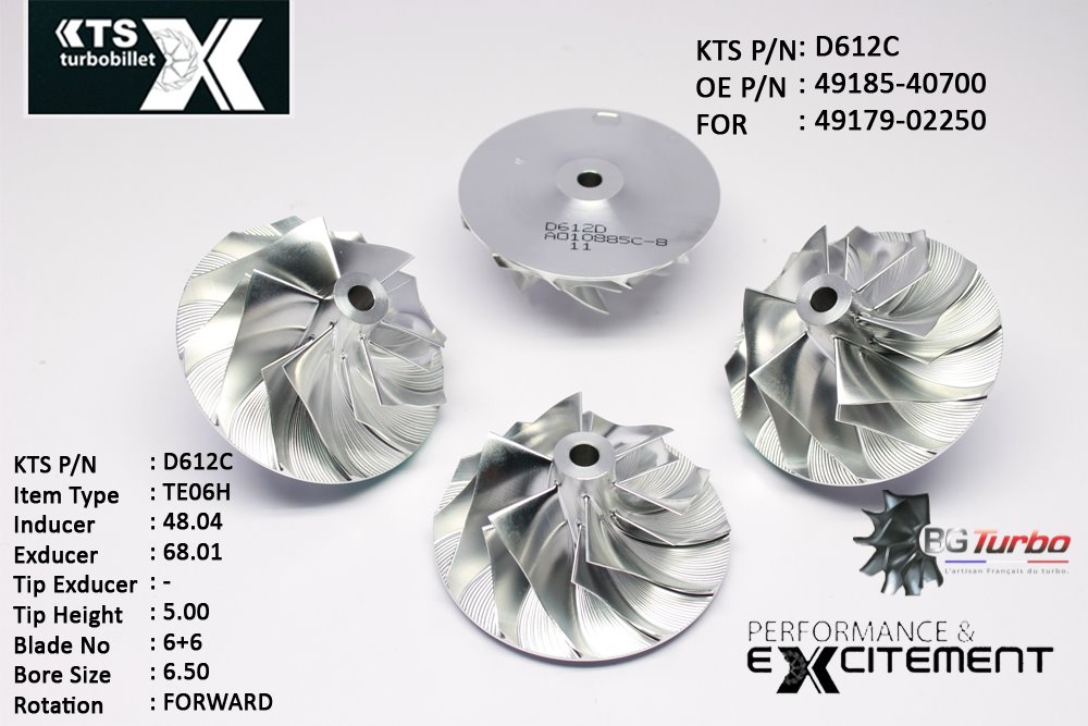 Turbo ROUE FORGÉE MFS PERFORMANCE - 6+6 PALES - INDUCER : 48,04 - EXDUCER : 68,01 - TYPE : TE06HANGLE : 45° - ROTATION : Forward - SUPER BACK : 2,9 - BORE SIZE : 6,5
